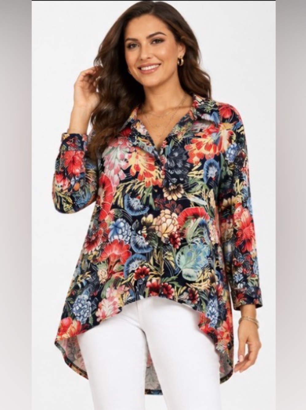 Serengeti Floral High Low Tunic Top Navy Multicolor Plus Size 2X